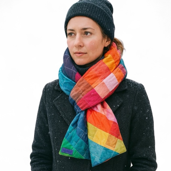 Kurt Geiger Oversized Quilted Puffer Pixelated Rainbow Overstitch Scarf Wrap New - Picture 1 of 8